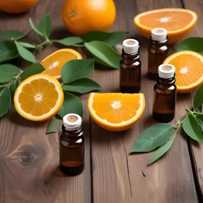 Bottles Of Essential Oil With Orange Slices And Leaves On A Wooden Surface 20 22f8