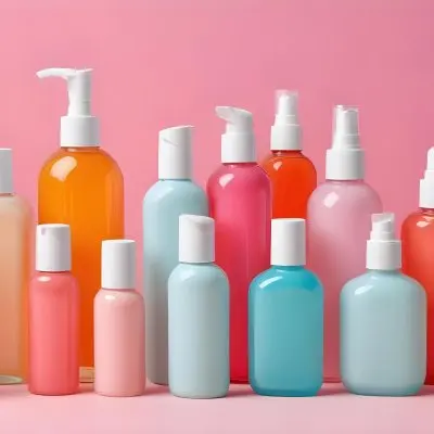 Bottles Of Various Colored Liquids Likely Beauty Or Skincare Products On A Pink Background 12
