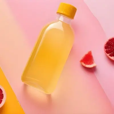 Bottles Of Yellow And Pink Liquid Arranged On A Gradient Background The Yellow Bottle Is Opaque While The Pink One Is Transparent Slices Of Grapefruit And Pomegranate Are Visible In The Background Adding A Fresh An 2e13