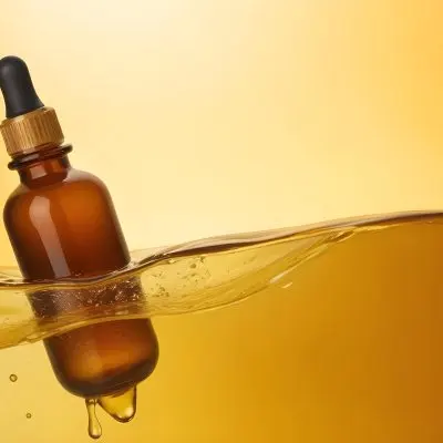 Brown Glass Bottle With A Dropper Submerged In A Orange Liquid The Background Is A Gradient Of Yellow And Orange 38 Dc5b