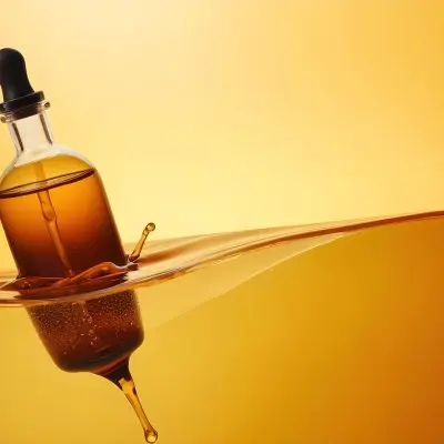 Brown Glass Bottle With A Dropper Submerged In A Orange Liquid The Background Is A Gradient Of Yellow And Orange 39 2db8