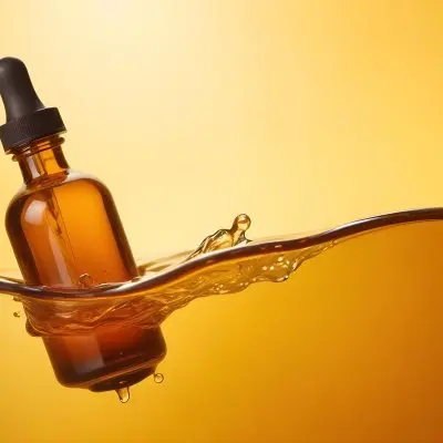 Brown Glass Bottle With A Dropper Submerged In A Orange Liquid The Background Is A Gradient Of Yellow And Orange 7 035a