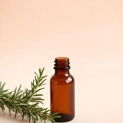 Brown Glass Bottle With A Sprig Of Rosemary On A White Surface The Background Is A Light Peach Color 16 541f