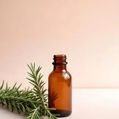 Brown Glass Bottle With A Sprig Of Rosemary On A White Surface The Background Is A Light Peach Color 17 D856