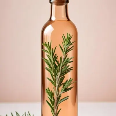 Brown Glass Bottle With A Sprig Of Rosemary On A White Surface The Background Is A Light Peach Color 23 71e8