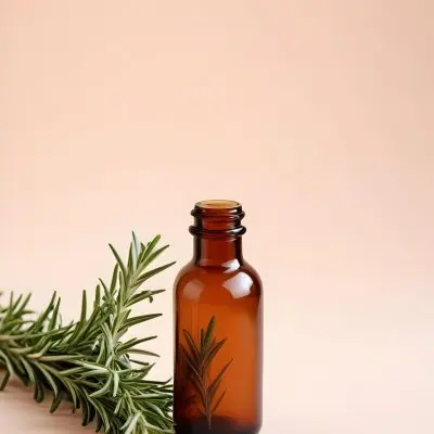 Brown Glass Bottle With A Sprig Of Rosemary On A White Surface The Background Is A Light Peach Color 24 6e83