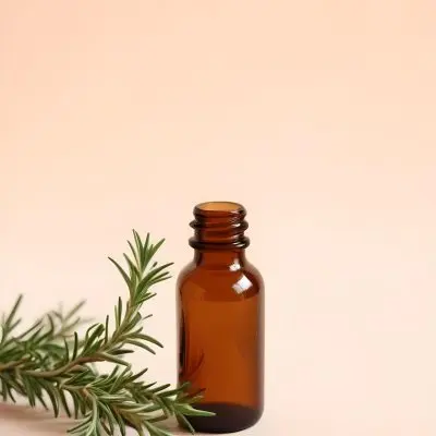 Brown Glass Bottle With A Sprig Of Rosemary On A White Surface The Background Is A Light Peach Color 5 9521