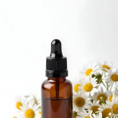 Brown Glass Bottle With Dropper Surrounded By Chamomile Flowers White Background 10 D5fa