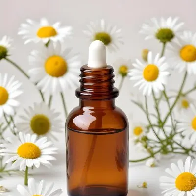 Brown Glass Bottle With Dropper Surrounded By Chamomile Flowers White Background 12 4b7f