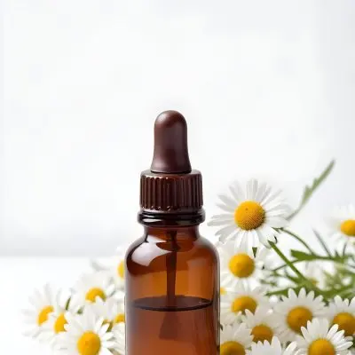 Brown Glass Bottle With Dropper Surrounded By Chamomile Flowers White Background 13 6f18