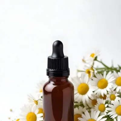 Brown Glass Bottle With Dropper Surrounded By Chamomile Flowers White Background 14 De1e
