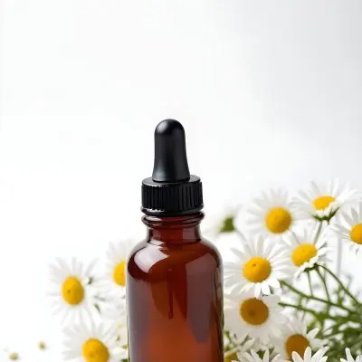 Brown Glass Bottle With Dropper Surrounded By Chamomile Flowers White Background 15 5036