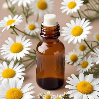 Brown Glass Bottle With Dropper Surrounded By Chamomile Flowers White Background 19 3740
