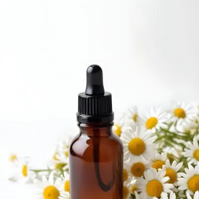 Brown Glass Bottle With Dropper Surrounded By Chamomile Flowers White Background 22 F4bf