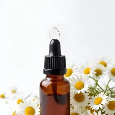 Brown Glass Bottle With Dropper Surrounded By Chamomile Flowers White Background 23 0098