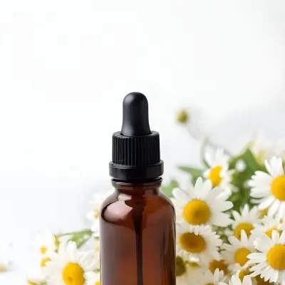 Brown Glass Bottle With Dropper Surrounded By Chamomile Flowers White Background 27 F059