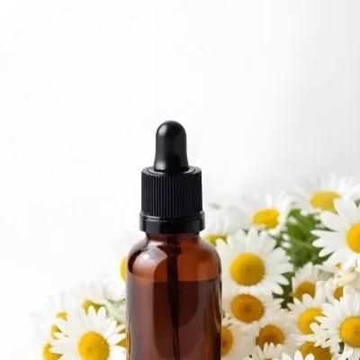 Brown Glass Bottle With Dropper Surrounded By Chamomile Flowers White Background 28 8d49