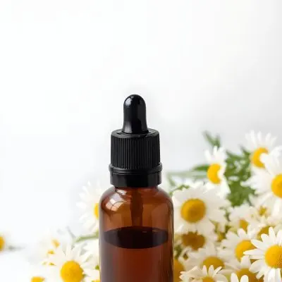 Brown Glass Bottle With Dropper Surrounded By Chamomile Flowers White Background 30 Bccf