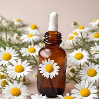 Brown Glass Bottle With Dropper Surrounded By Chamomile Flowers White Background 32 990d