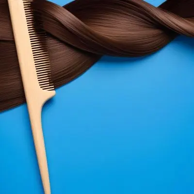 Brown Hair Strand And A Wooden Comb On A Blue Background Hair Care Concept Beauty Salon Hair Treatment Hair Styling Hair Fashion 4 B36b