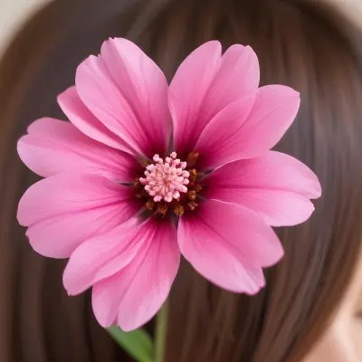 Brown Hair With A Pink Flower On Top The Hair Is Shiny And Healthy The Background Is Blurred 1 94d9