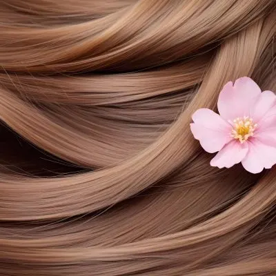 Brown Hair With A Pink Flower On Top The Hair Is Shiny And Healthy The Background Is Blurred 14