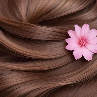 Brown Hair With A Pink Flower On Top The Hair Is Shiny And Healthy The Background Is Blurred 33