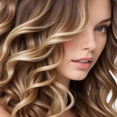Brown Hair With Blonde Highlights Wavy Texture Close Up Shot Strands Overlapping Natural Lighting Clean White Background Hair Styled In Loose Waves Natural Look Hair Care Product Advertisement 23 A683