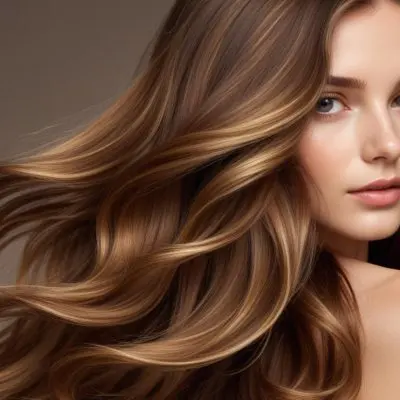 Brown Hair With Golden Highlights Wavy Texture Close Up Shot Studio Lighting Smooth And Shiny Strands Natural Hair Color Healthy Hair Hair Care Concept Beauty Product Advertisement 15 5a47