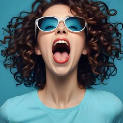 Caucasian Woman 25 Years Old Curly Brown Hair Wearing Sunglasses Screaming With Open Mouth Wearing A Blue Shirt In A Blue Background 13 240b