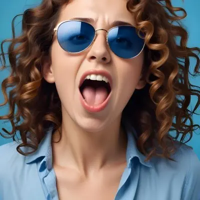 Caucasian Woman 25 Years Old Curly Brown Hair Wearing Sunglasses Screaming With Open Mouth Wearing A Blue Shirt In A Blue Background 19 1b68