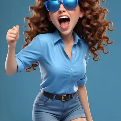 Caucasian Woman 25 Years Old Curly Brown Hair Wearing Sunglasses Screaming With Open Mouth Wearing A Blue Shirt In A Blue Background 43 Db44