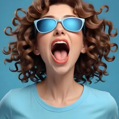 Caucasian Woman 25 Years Old Curly Brown Hair Wearing Sunglasses Screaming With Open Mouth Wearing A Blue Shirt In A Blue Background 47 C6a0