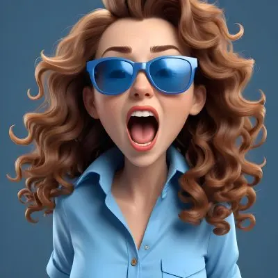 Caucasian Woman 25 Years Old Curly Brown Hair Wearing Sunglasses Screaming With Open Mouth Wearing A Blue Shirt In A Blue Background 48 0170