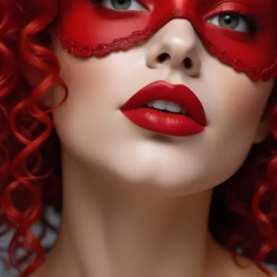 Caucasian Woman 25 Years Old Red Curly Hair Red Mask Red Lipstick Light Skin In A Studio 20 9207