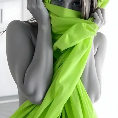 Caucasian Woman Age 25 With Brown Hair Partially Covered By A Vibrant Green Fabric In A Minimalist Gray And White Indoor Setting 10 B706
