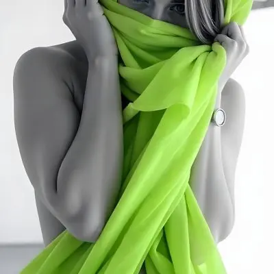 Caucasian Woman Age 25 With Brown Hair Partially Covered By A Vibrant Green Fabric In A Minimalist Gray And White Indoor Setting 11 90ab