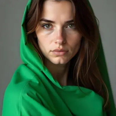 Caucasian Woman Age 25 With Brown Hair Partially Covered By A Vibrant Green Fabric In A Minimalist Gray And White Indoor Setting 20 A341