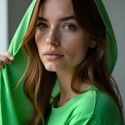 Caucasian Woman Age 25 With Brown Hair Partially Covered By A Vibrant Green Fabric In A Minimalist Gray And White Indoor Setting 24 6ea1