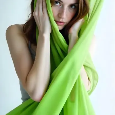 Caucasian Woman Age 25 With Brown Hair Partially Covered By A Vibrant Green Fabric In A Minimalist Gray And White Indoor Setting 25 C0d3