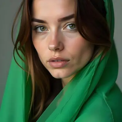 Caucasian Woman Age 25 With Brown Hair Partially Covered By A Vibrant Green Fabric In A Minimalist Gray And White Indoor Setting 28 262d