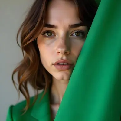 Caucasian Woman Age 25 With Brown Hair Partially Covered By A Vibrant Green Fabric In A Minimalist Gray And White Indoor Setting 31 4156