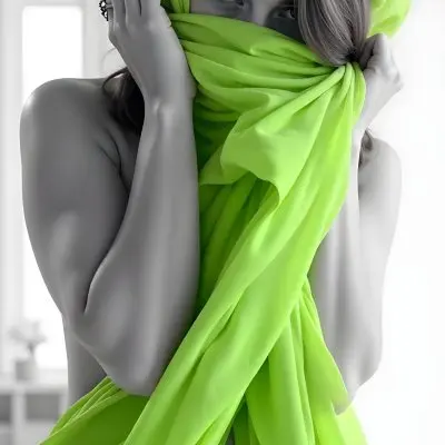 Caucasian Woman Age 25 With Brown Hair Partially Covered By A Vibrant Green Fabric In A Minimalist Gray And White Indoor Setting 32 C053
