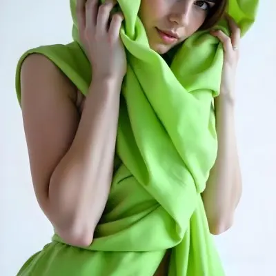 Caucasian Woman Age 25 With Brown Hair Partially Covered By A Vibrant Green Fabric In A Minimalist Gray And White Indoor Setting 35 5d00