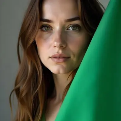 Caucasian Woman Age 25 With Brown Hair Partially Covered By A Vibrant Green Fabric In A Minimalist Gray And White Indoor Setting 36 Aef7