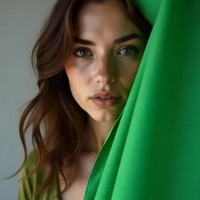 Caucasian Woman Age 25 With Brown Hair Partially Covered By A Vibrant Green Fabric In A Minimalist Gray And White Indoor Setting 37 B83b