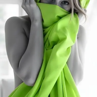 Caucasian Woman Age 25 With Brown Hair Partially Covered By A Vibrant Green Fabric In A Minimalist Gray And White Indoor Setting 6 3449