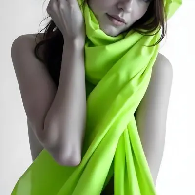 Caucasian Woman Age 25 With Brown Hair Partially Covered By A Vibrant Green Fabric In A Minimalist Gray And White Indoor Setting 9 Ed55