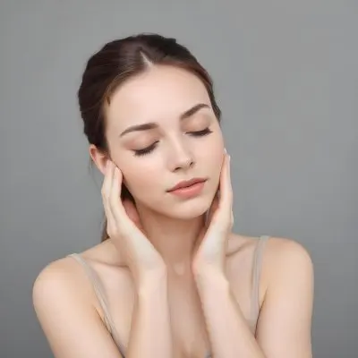 Caucasian Woman In Her 20s With Light Skin And Straight Brown Hair Eyes Closed Gently Touching Her Face With Both Hands Against A Soft Gray Background 17fd