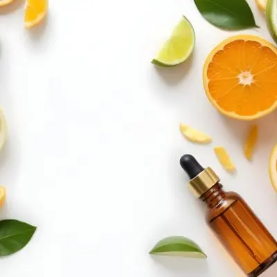 Citrus Fruits Including Orange Slices Lemon Slices And Limes Along With A Glass Bottle Of Essential Oil Or Serum On A White Background 1 F921